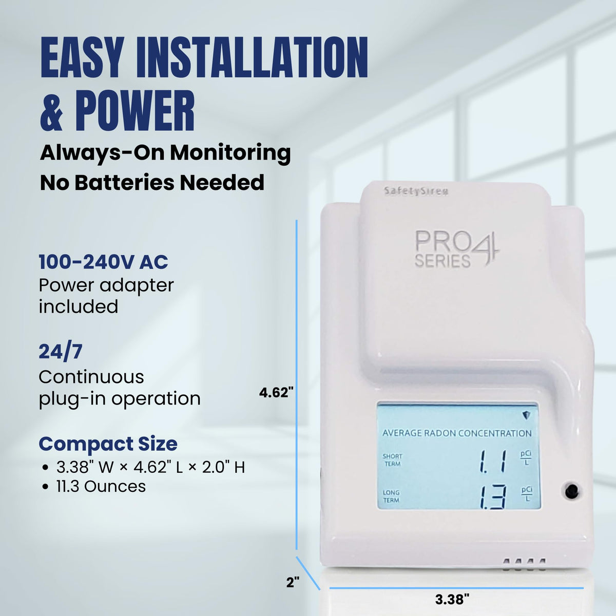 Safety Siren Pro4 digital display shows real-time radon levels.