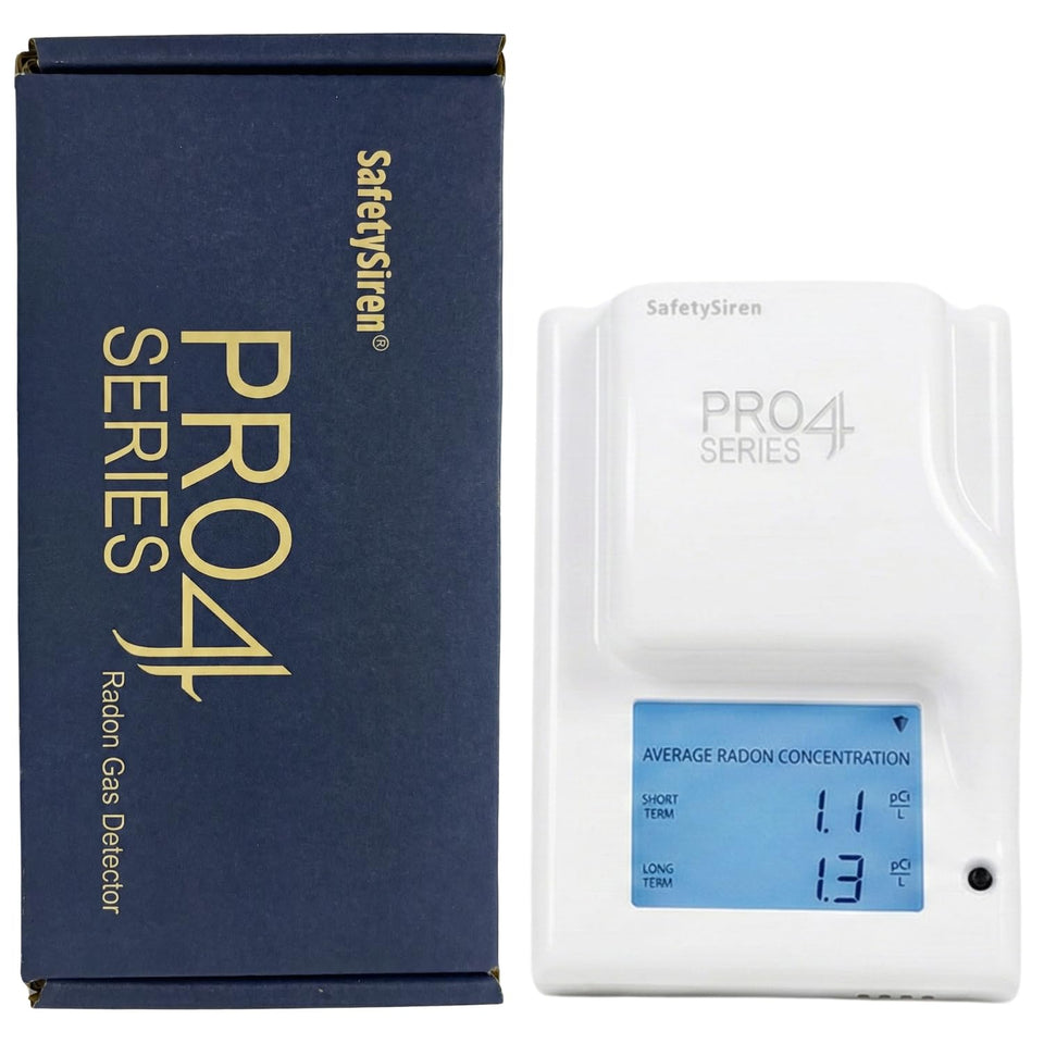 Safety Siren Pro4 front view, plug-in radon detector for home use.