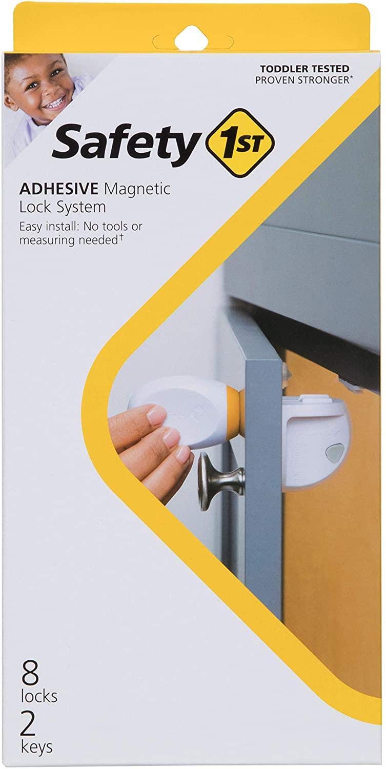 Safety 1st adhesive magnetic lock hidden inside a cabinet for discreet childproofing