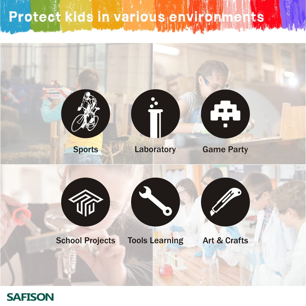 SAFISON goggles shown in a Nerf party or classroom setting for eye protection during activities.