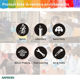 SAFISON goggles shown in a Nerf party or classroom setting for eye protection during activities.