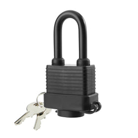SafiSwords heavy-duty laminated steel padlock, side view highlights wide body.