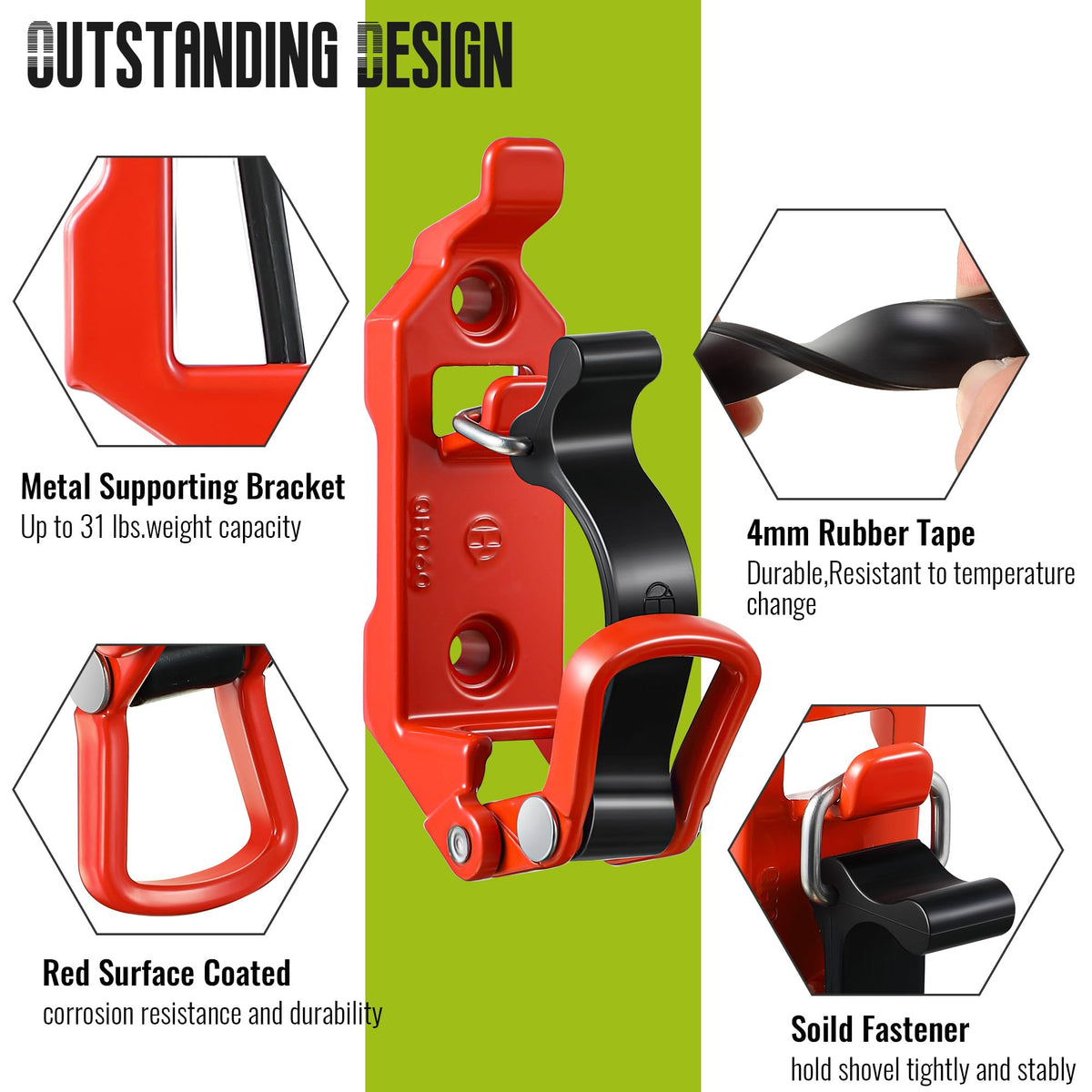 Saillong metal rubber clamps gripping a shovel securely on a rack