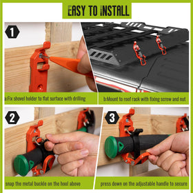 Saillong shovel holder installed on a bed rack for organized gear