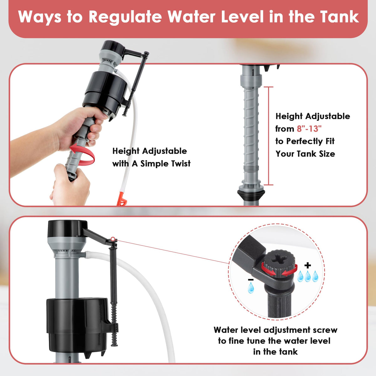 Saillong toilet fill valve assembly ensures quick, quiet tank refills.