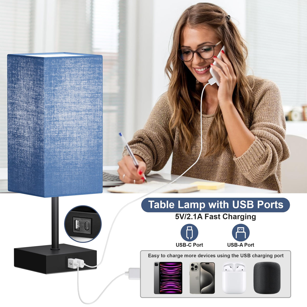 Sailstar lamp with USB-C and USB-A ports for convenient device charging