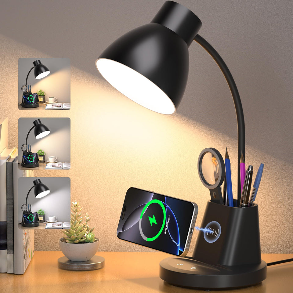 Sailstar desk lamp with wireless charger and pen holder for a clutter-free workspace.