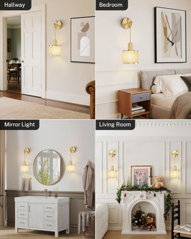 SAIMAND hallway lighting example, slender gold sconce adding decor and light.