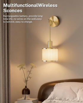 SAIMAND wall sconce with white fabric shade close-up for soft ambient glow.