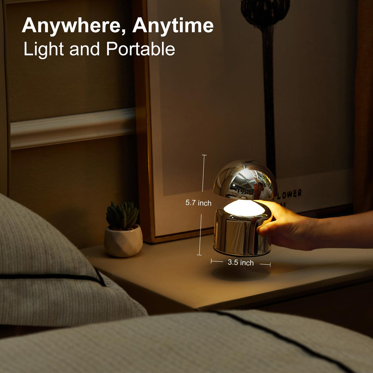 SAIWEYA lamp with chrome shade demonstrating touch dimming on bedside table