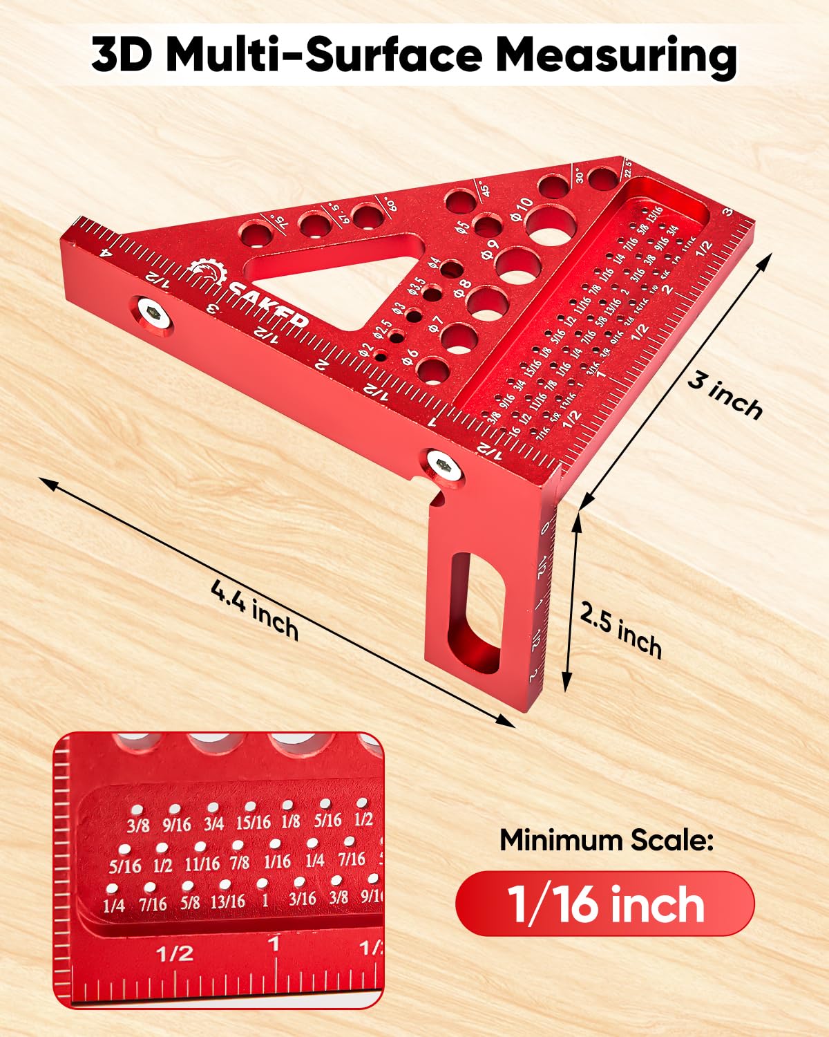 Saker 3D measuring square carried in toolbox ready to use.