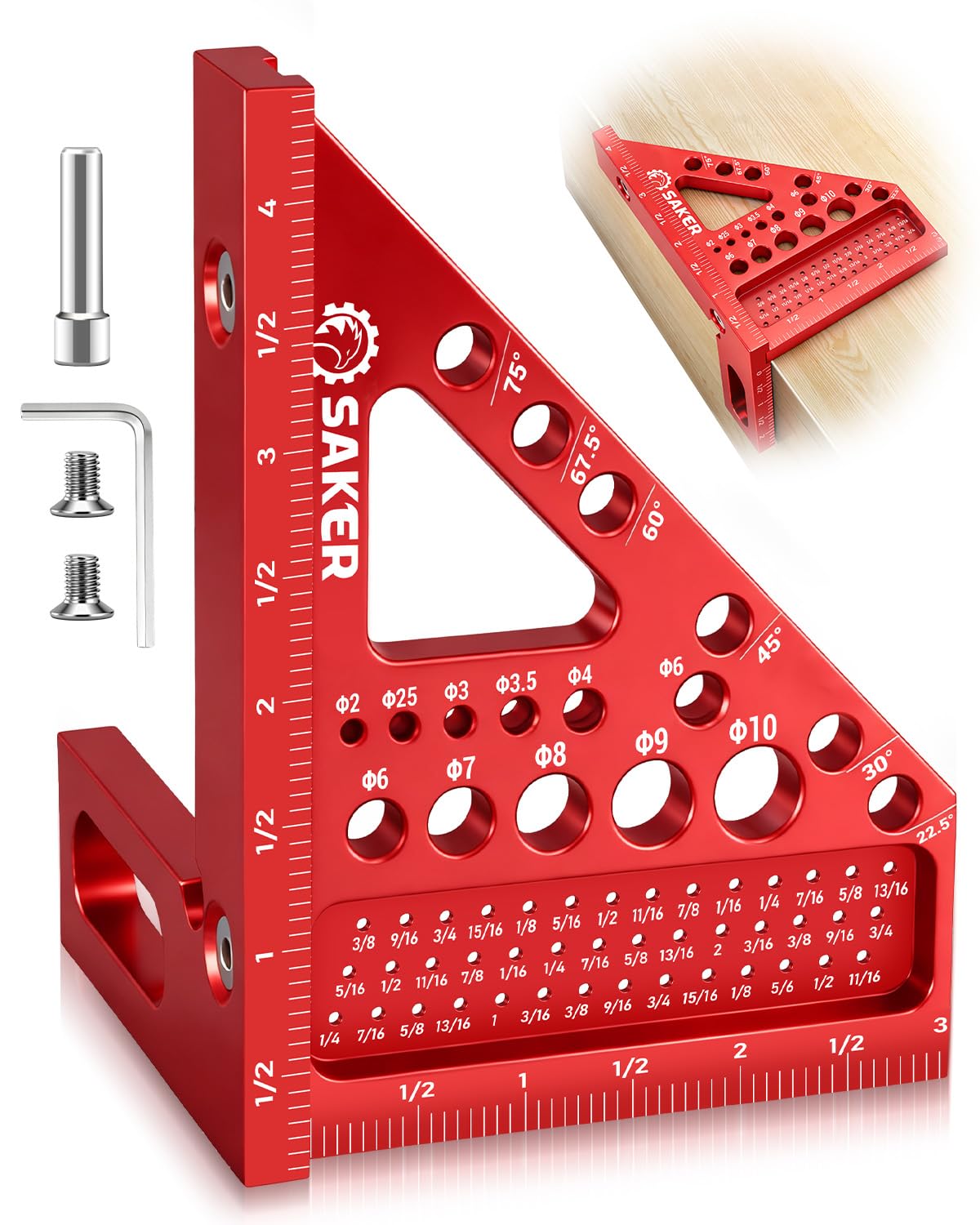 Saker 3D multi-angle ruler front view with three-edge scales for precise layouts.