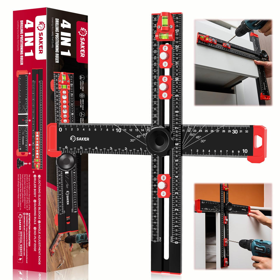 Saker 4-in-1 drilling positioning ruler shown for precise layout in woodworking
