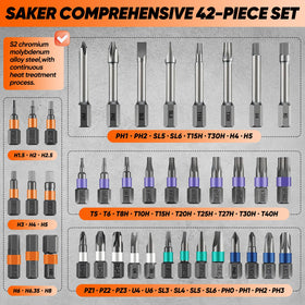 Saker magnetic snap-in bits help quick bit changes and secure screws.