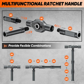 Saker ratcheting mechanism enables easy forward and reverse tightening.