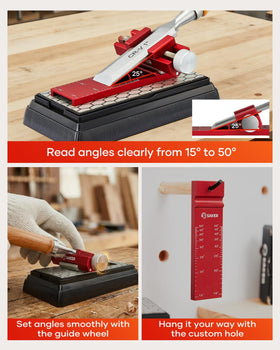 Saker angle rule with honing guide offers accurate measurements for wood projects.