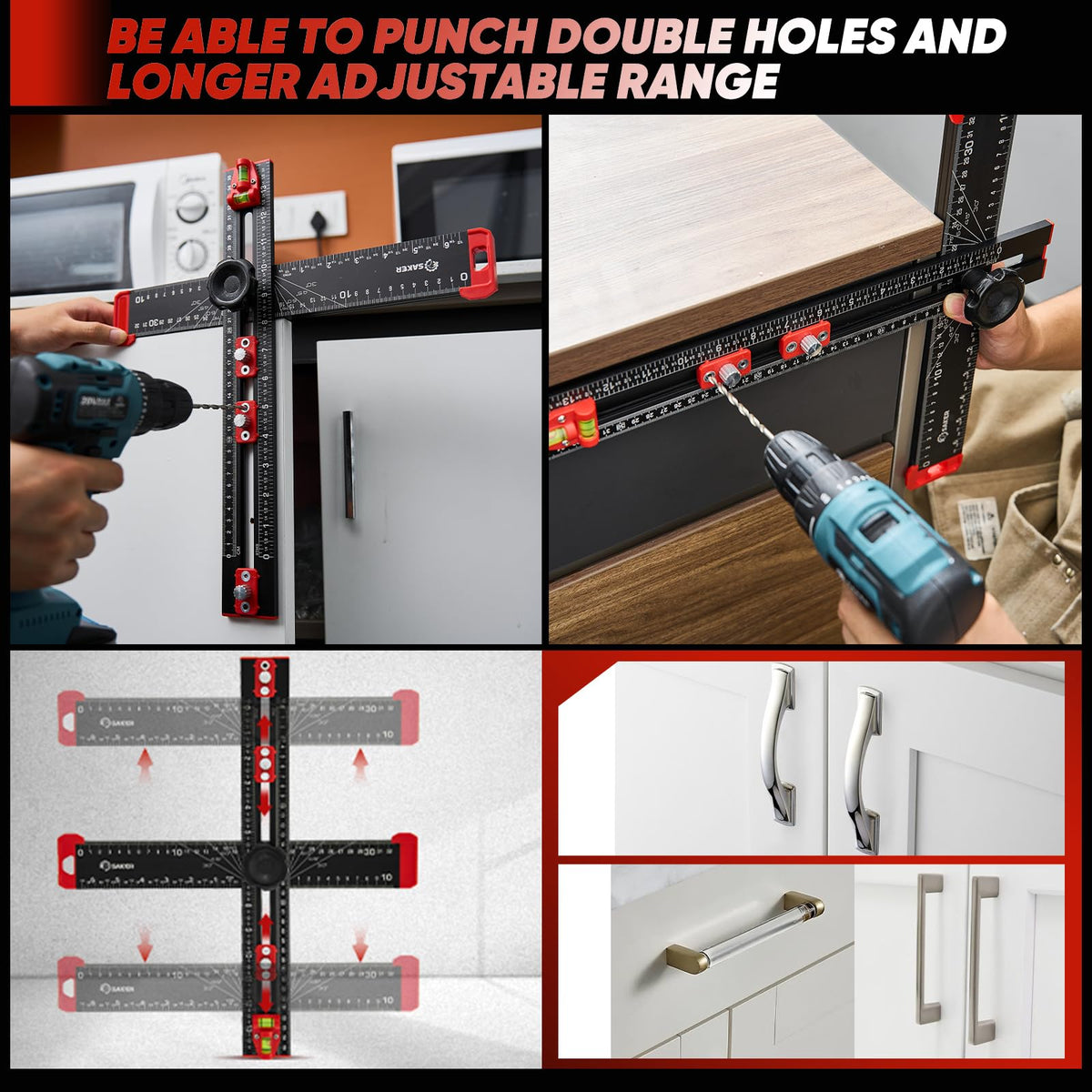 Saker cabinet hardware jig used to align cabinet hinge and handle holes