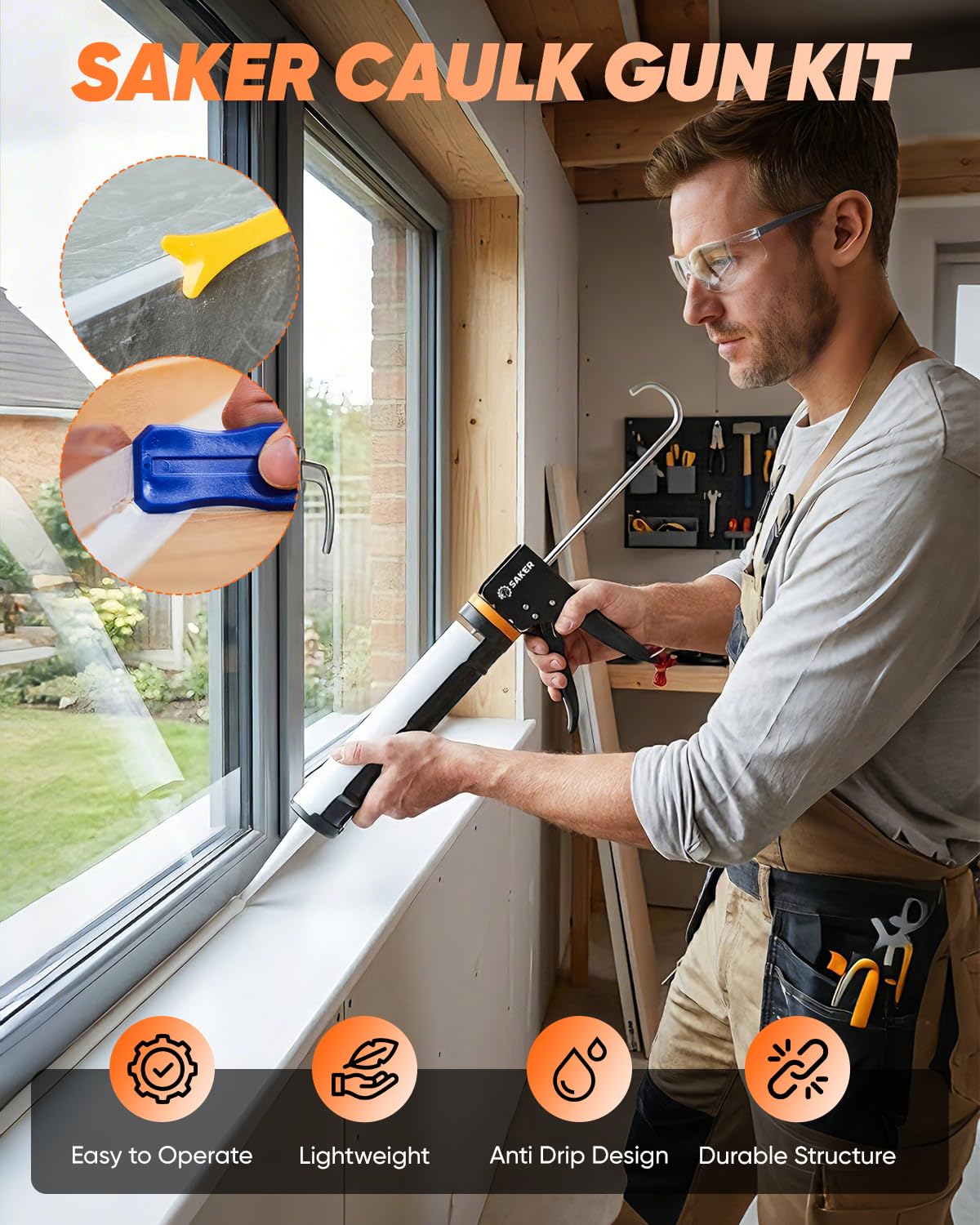 Saker caulk gun kit 11-in-1 tool set for professional finishes.