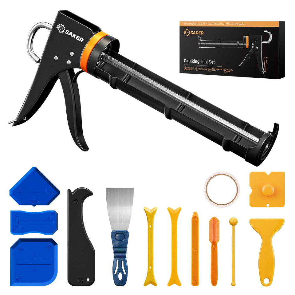 Saker caulk gun kit with dripless trigger for clean, precise application.