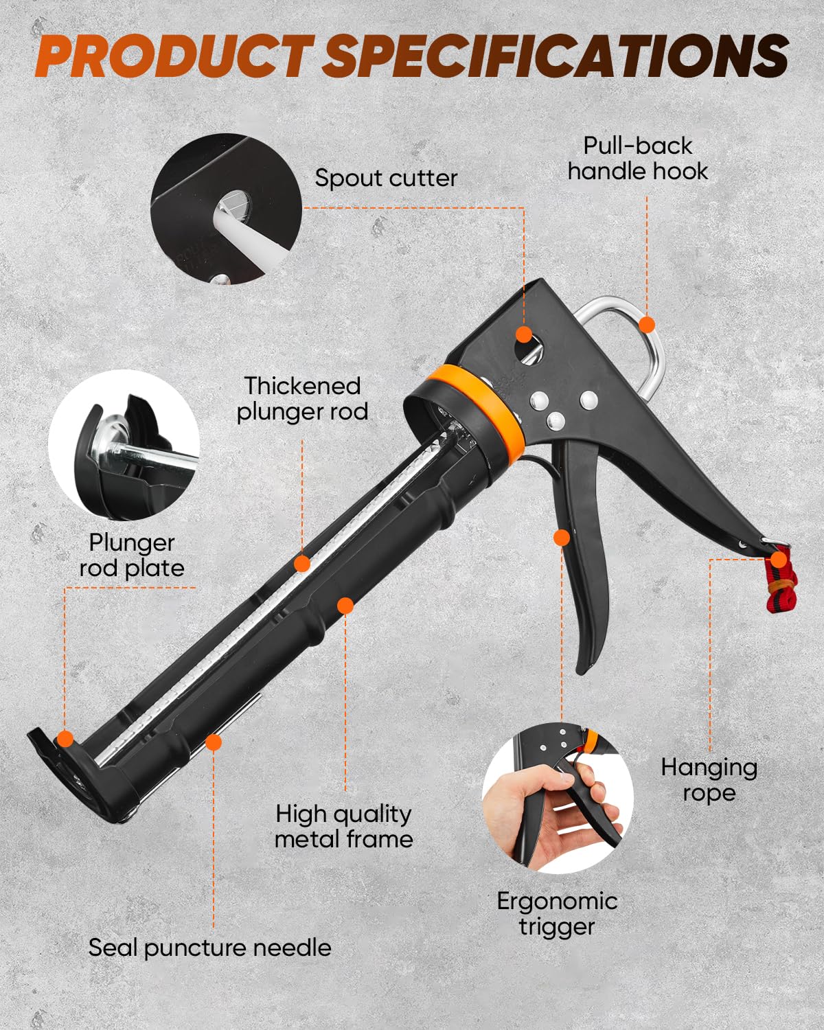 Saker caulk gun kit flat surface shaper for even seals.