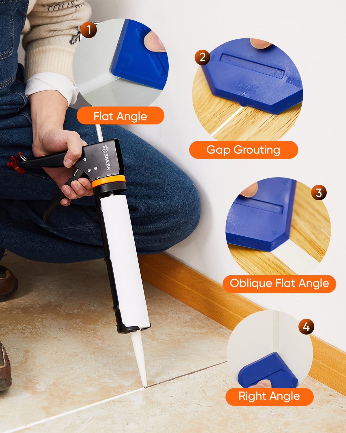 Saker caulk gun kit corner shapers for smooth edge control.