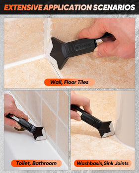 Saker caulk tool on a bathroom joint enabling clean sealing