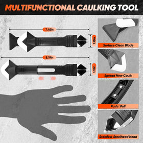 Saker caulk tool in-hand grip for comfortable one-handed use