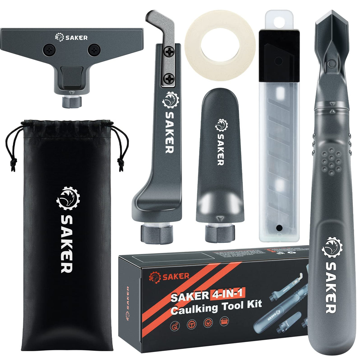Saker Caulking Tool Kit aluminum 4in1 handle for precise sealant work.