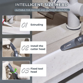 Saker Caulking Tool Kit angled finishing head smooths edges.