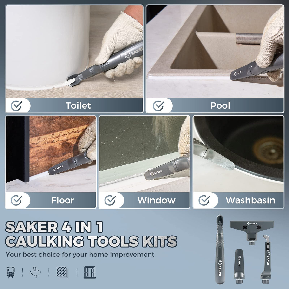 Saker Caulking Tool Kit ideal for kitchen, bathroom, and floor caulking tasks.