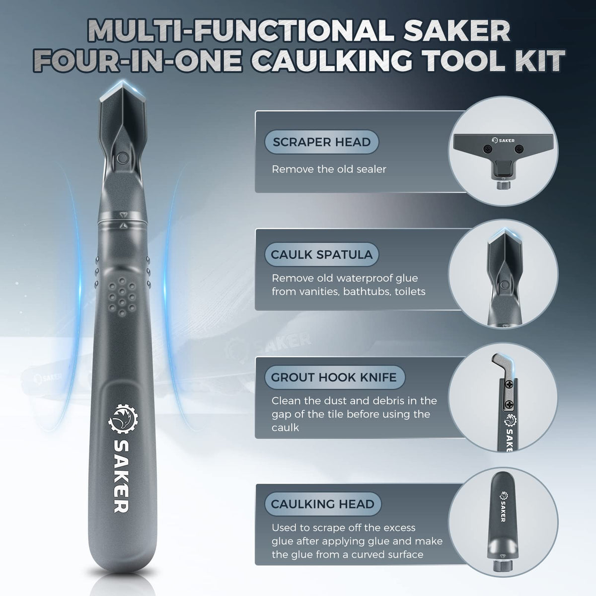 Saker Caulking Tool Kit scraper head removes old sealant smoothly.