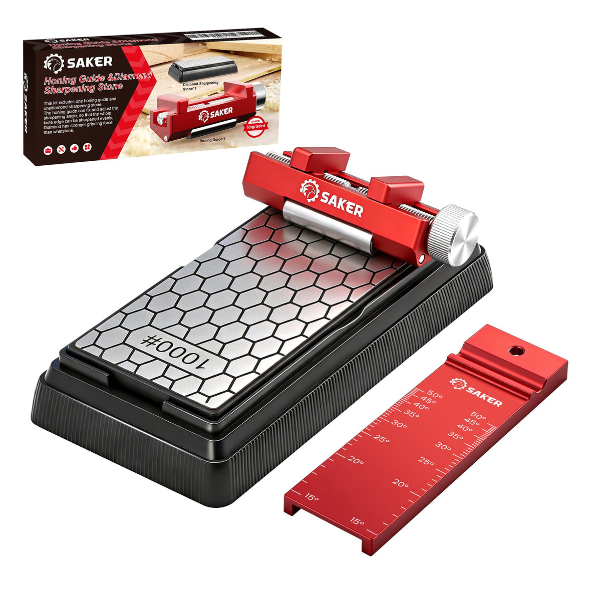 Saker chisel sharpening jig provides precise angle setup for consistent edge maintenance.