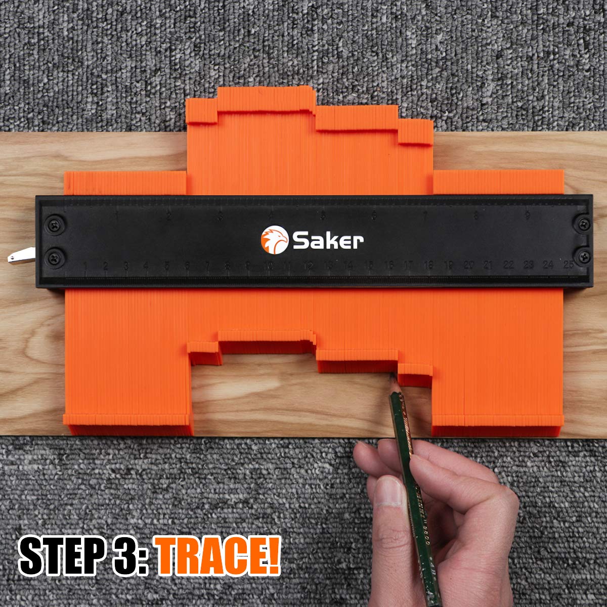 Saker Contour Gauge used in woodworking to trace exact cut lines