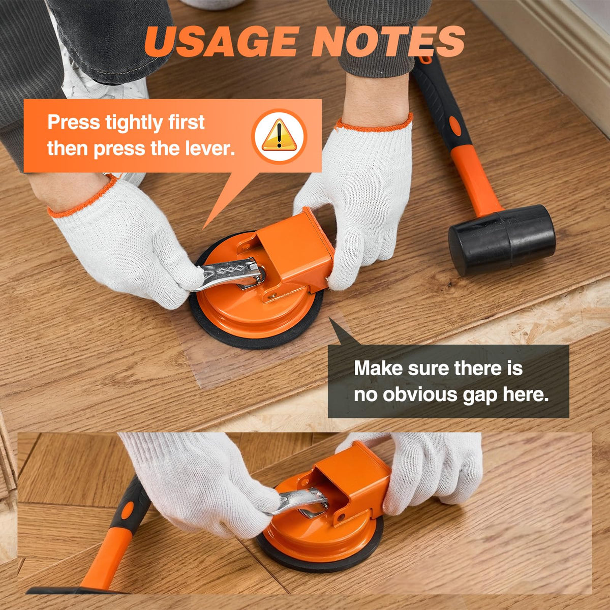 Saker floor-gap tool with protective pads supports flooring and glass fittings