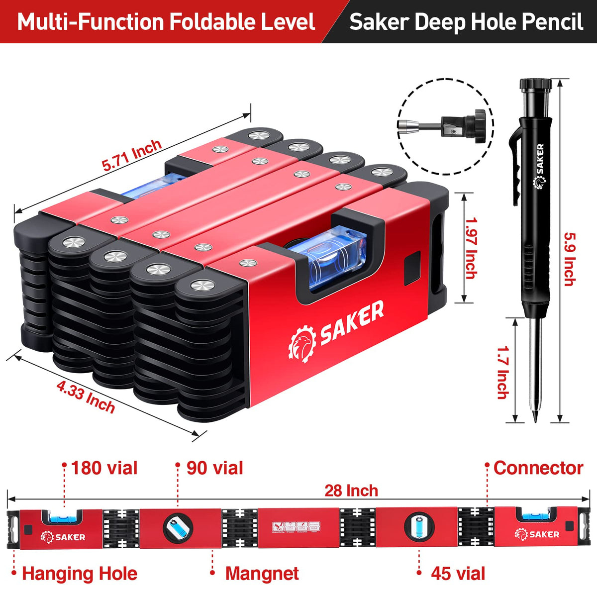 Saker foldable level shows multi-angle measurement for versatile layouts