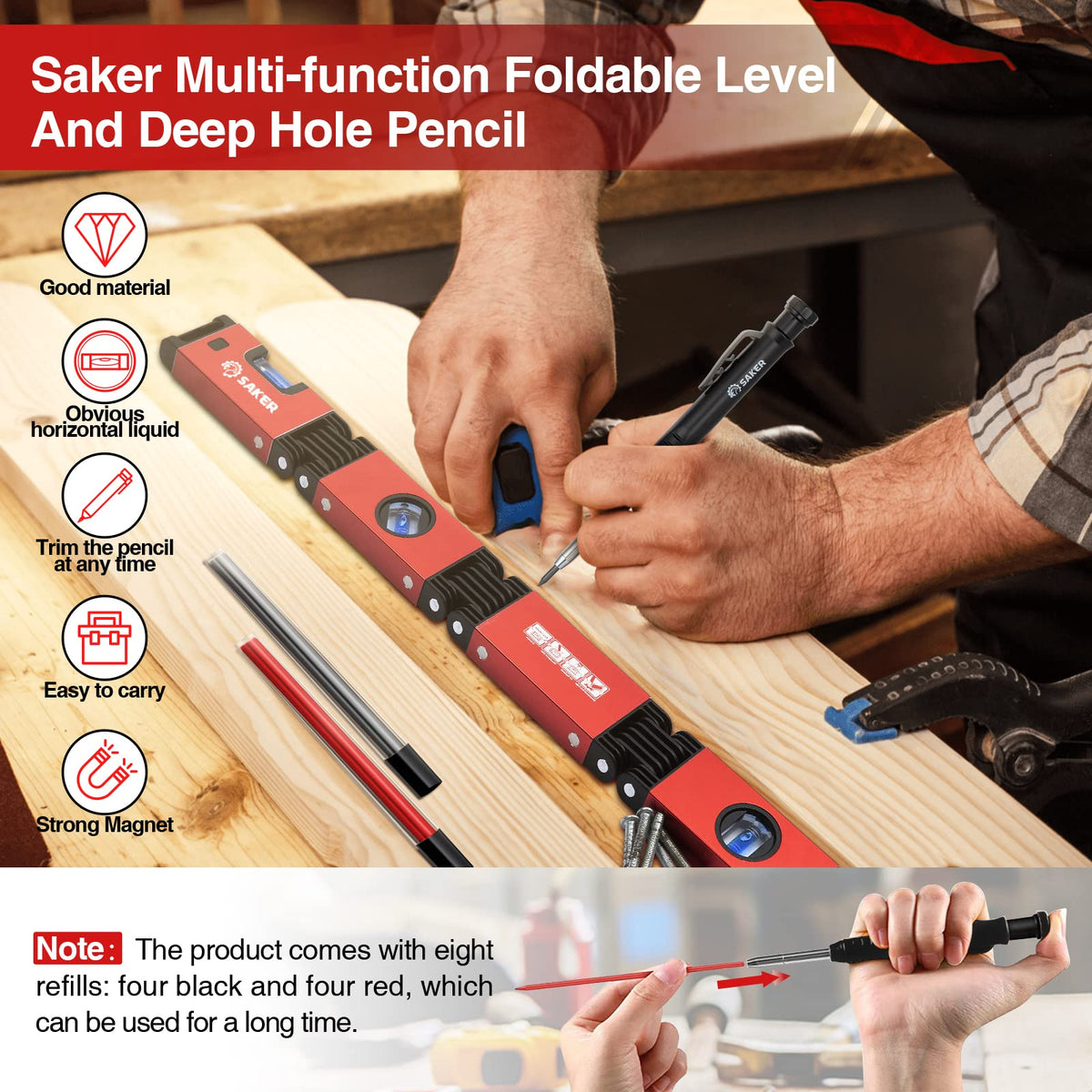 Saker hinged folding level demonstrates folding for angles