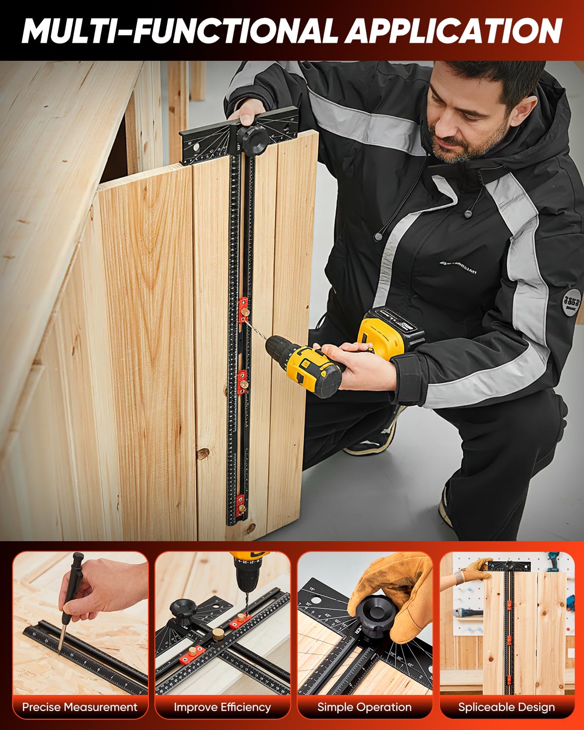 Saker cabinet hardware jig ensures accurate hole spacing.