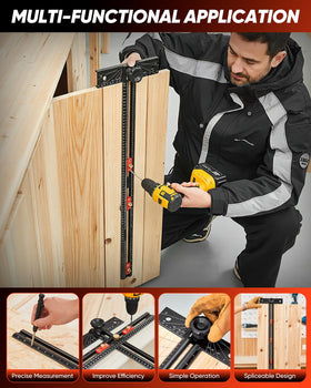 Saker cabinet hardware jig ensures accurate hole spacing.