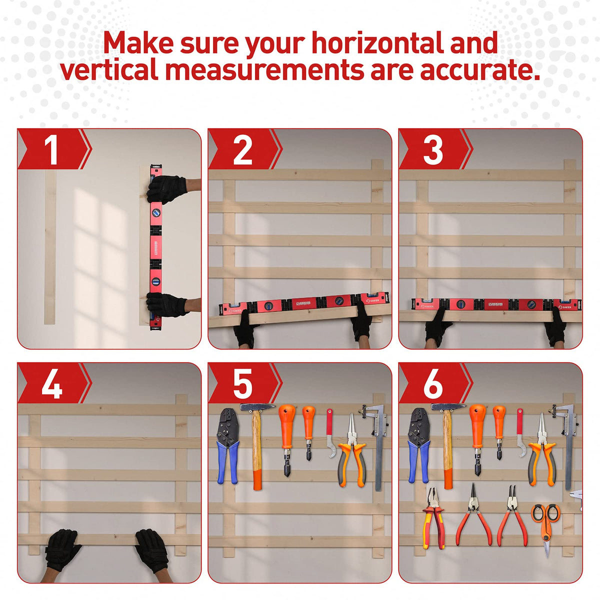 Saker level with four vials enables precise multi-angle measurement.
