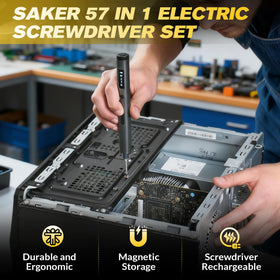 Saker Mini Electric Screwdriver Set bits array highlighting 57 in 1 versatility for electronics and furniture