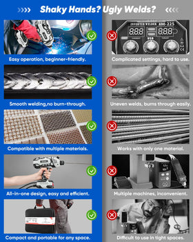 Saker portable welder with five-speed knob enables precise current control.