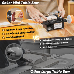 Saker Mini table saw showing 16mm cutting depth with markings
