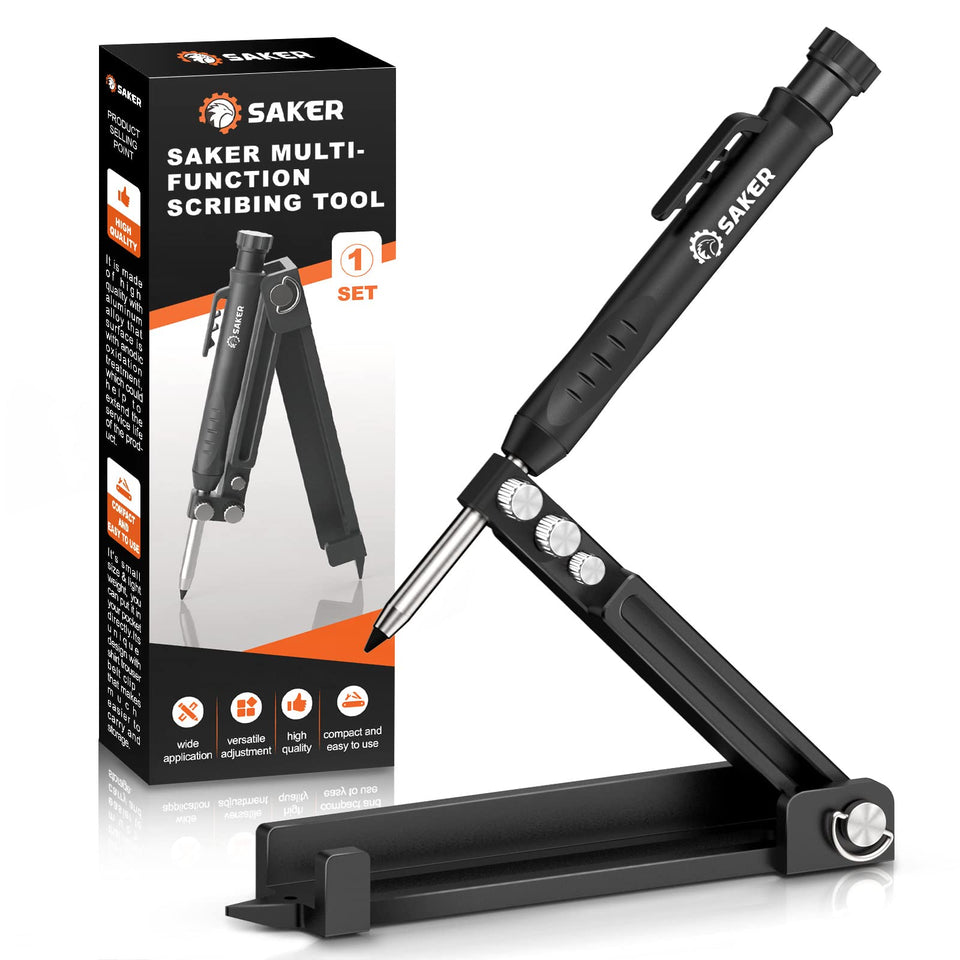 Saker multi-function scribing tool close-up reveals sturdy aluminum body.