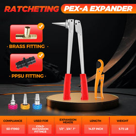 Saker PEX Expansion Tool Kit 1/2-inch head enables quick PEX-A fittings.