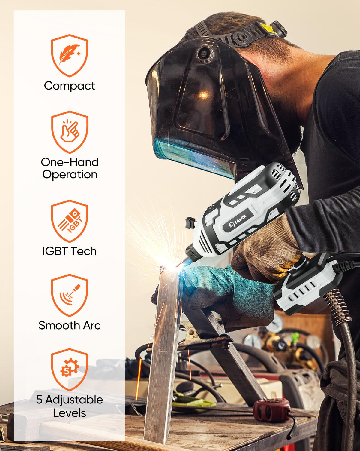 Saker portable welding machine controls demonstrate a 5-level current setting for precision