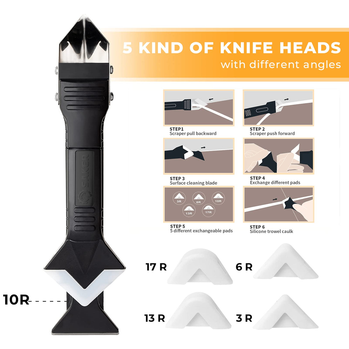 Saker stainless steel blade removes old caulk quickly and cleanly