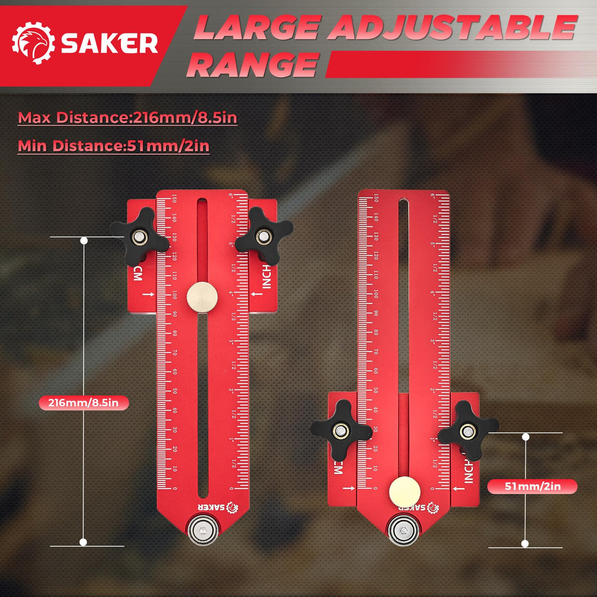 Saker Thin Rip Jig extended range close up showing 2 to 8-1/2 inch reach