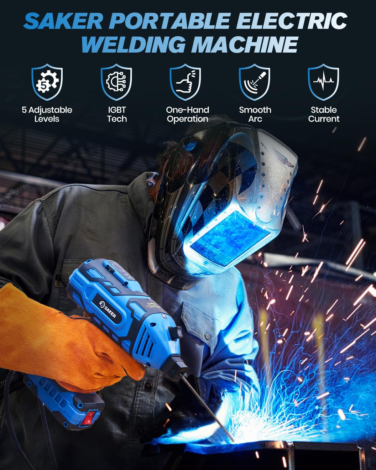 Saker 110V welder displaying 20-120A range for versatile tasks