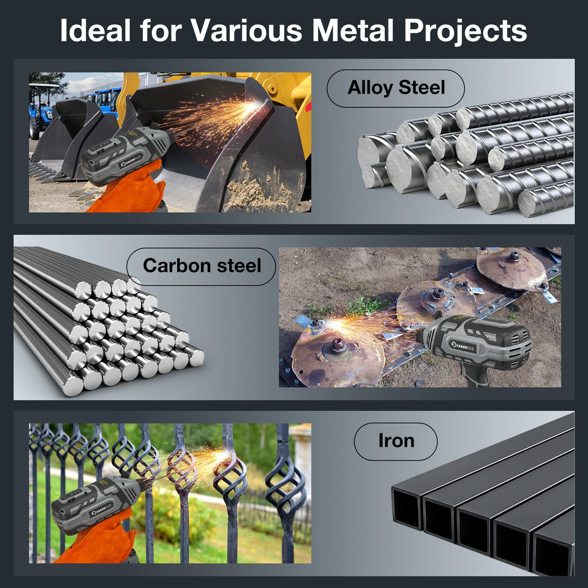 SakerPlus electrode range supports 3/32 to 1/8 inch rods for versatile metals