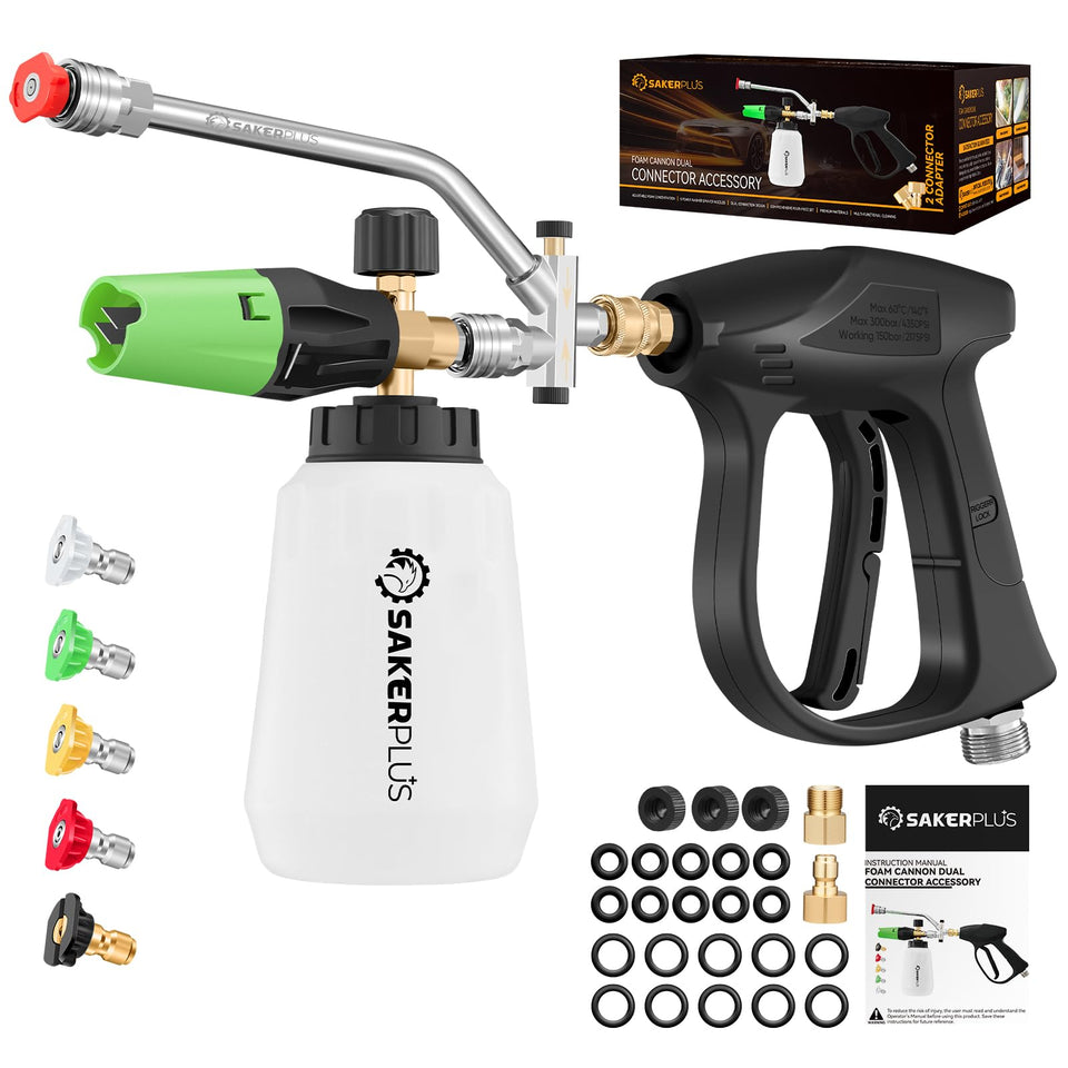 SakerPlus foam cannon dual connector setup for high-pressure cleaning.